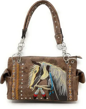 Texas West Western Dales Pony Horse White Mane Embroidery Feather Conceal Carry Women Handbag Purse in 5 colors