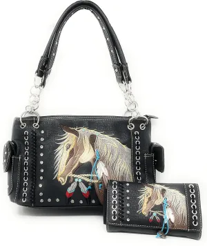 Texas West Western Dales Pony Horse White Mane Embroidery Feather Conceal Carry Women Handbag Purse in 5 colors