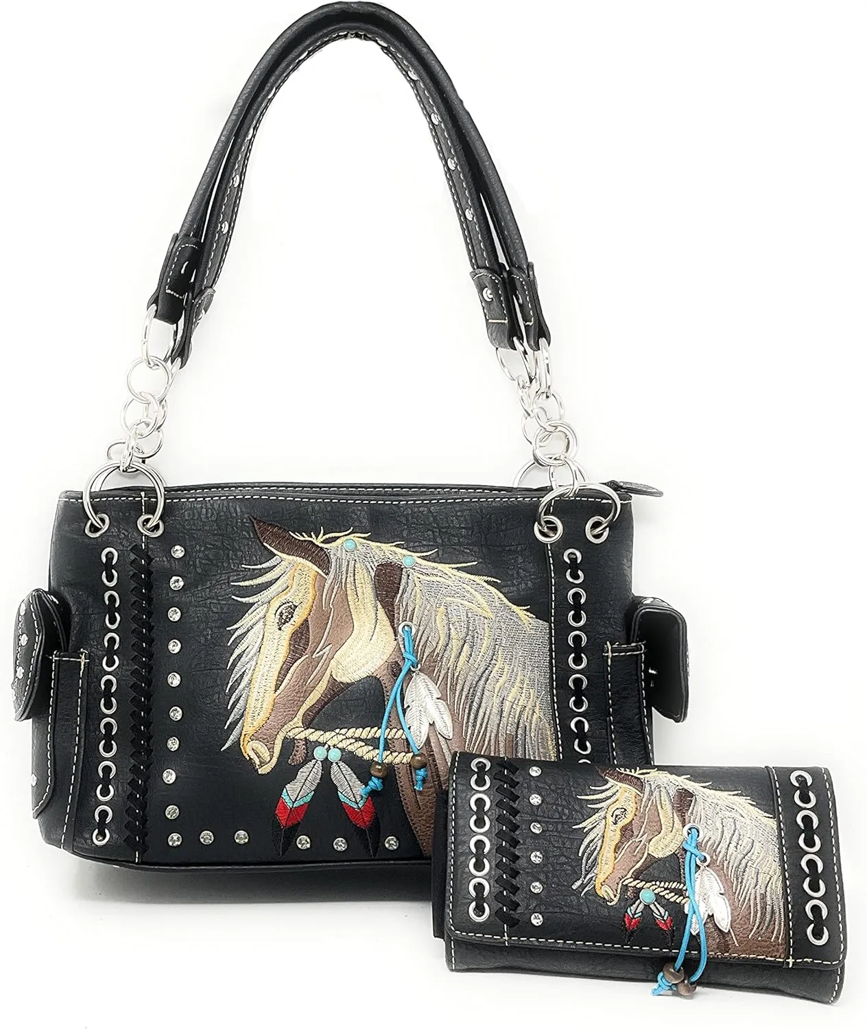 Texas West Western Dales Pony Horse White Mane Embroidery Feather Conceal Carry Women Handbag Purse in 5 colors