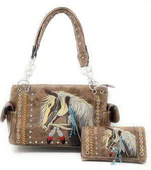 Texas West Western Dales Pony Horse White Mane Embroidery Feather Conceal Carry Women Handbag Purse in 5 colors