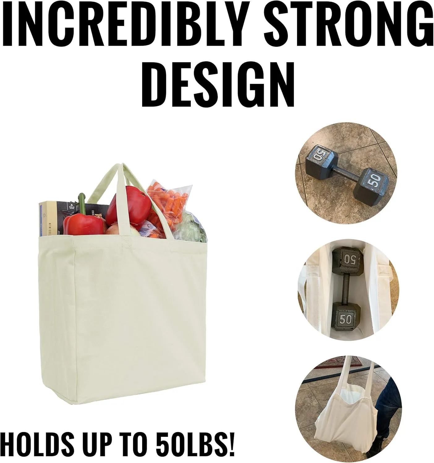 Threadart Reusable Heavy Duty 100% Cotton Canvas Grocery Bags Pack of 3 | With Strong Handles Holds up to 50lbs | Eco Friendly | Large Size 14x14x7.5 - Natural