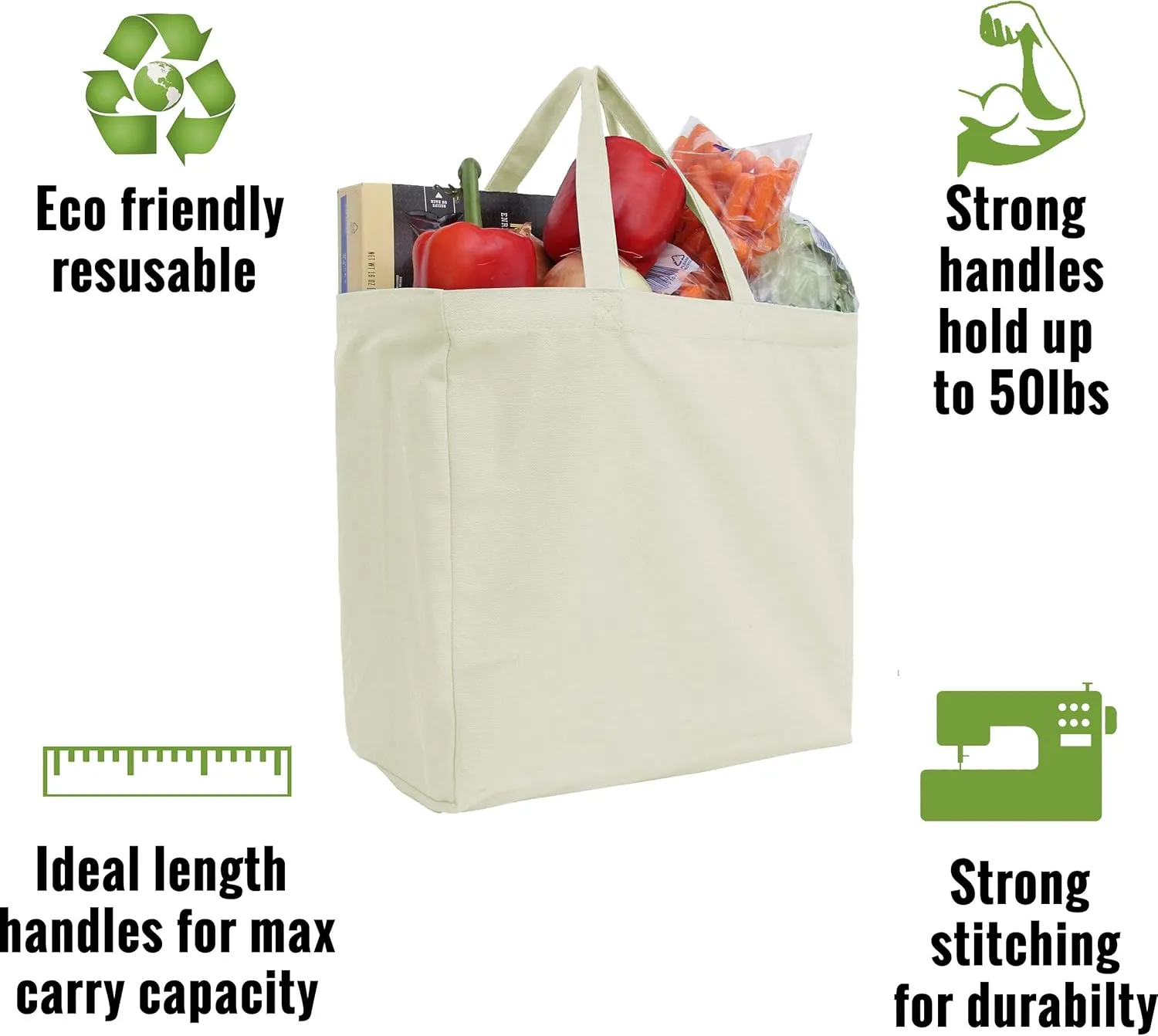 Threadart Reusable Heavy Duty 100% Cotton Canvas Grocery Bags Pack of 3 | With Strong Handles Holds up to 50lbs | Eco Friendly | Large Size 14x14x7.5 - Natural