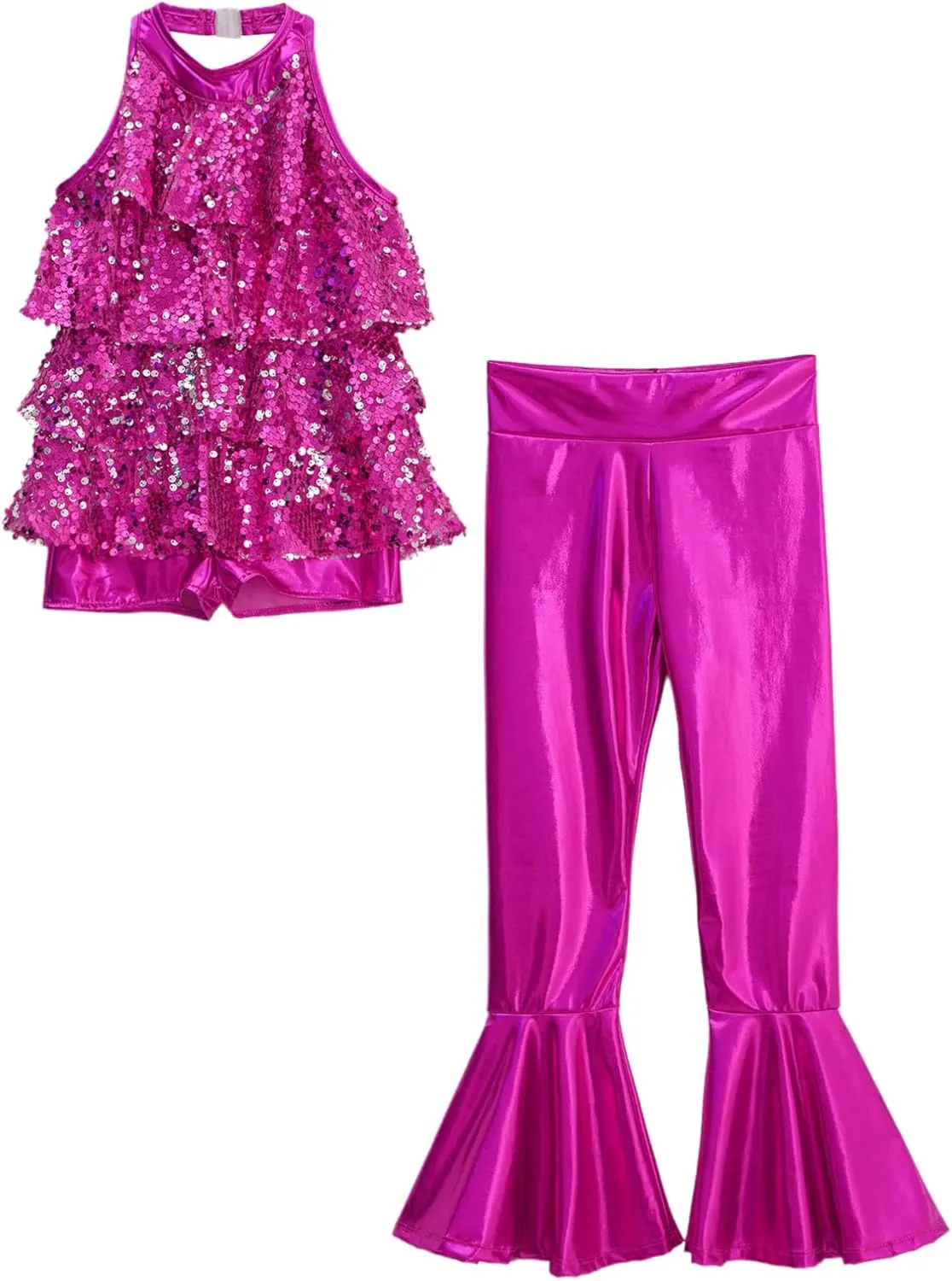 TiaoBug Kids Girls Jazz Latin Modern Samba Rumba Tango Dance Outfits Sequins Halter Neck Unitard with Flare Pants Set