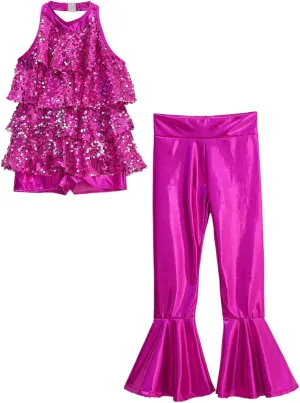 TiaoBug Kids Girls Jazz Latin Modern Samba Rumba Tango Dance Outfits Sequins Halter Neck Unitard with Flare Pants Set