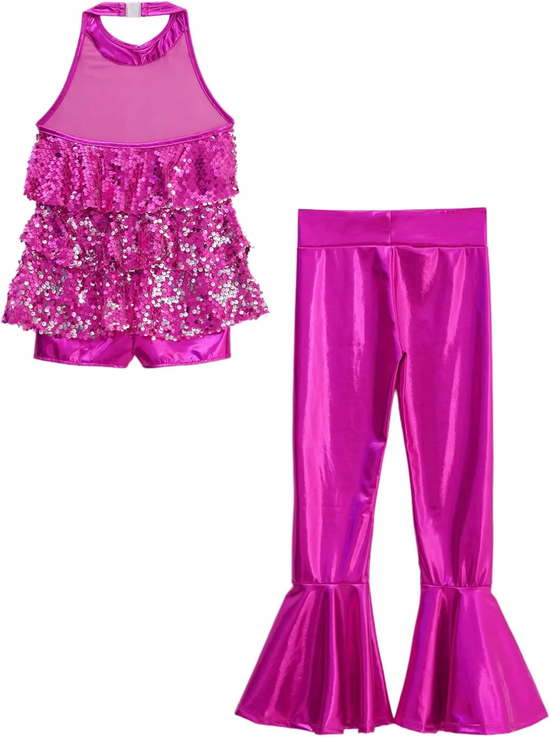 TiaoBug Kids Girls Jazz Latin Modern Samba Rumba Tango Dance Outfits Sequins Halter Neck Unitard with Flare Pants Set