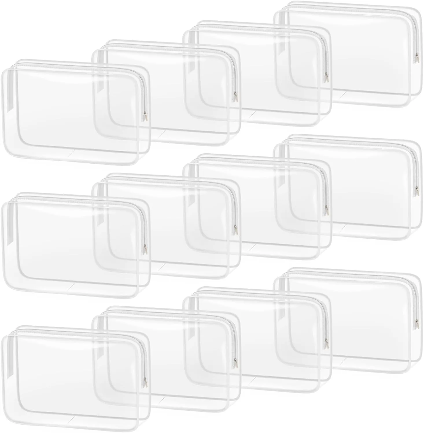 TISRATOK 12 PCS Clear Makeup Bag for Women with Zipper, TSA Approved Toiletry Pouch, Cosmetic Bag Bulk for Travel Organizer Essentials - White,Large