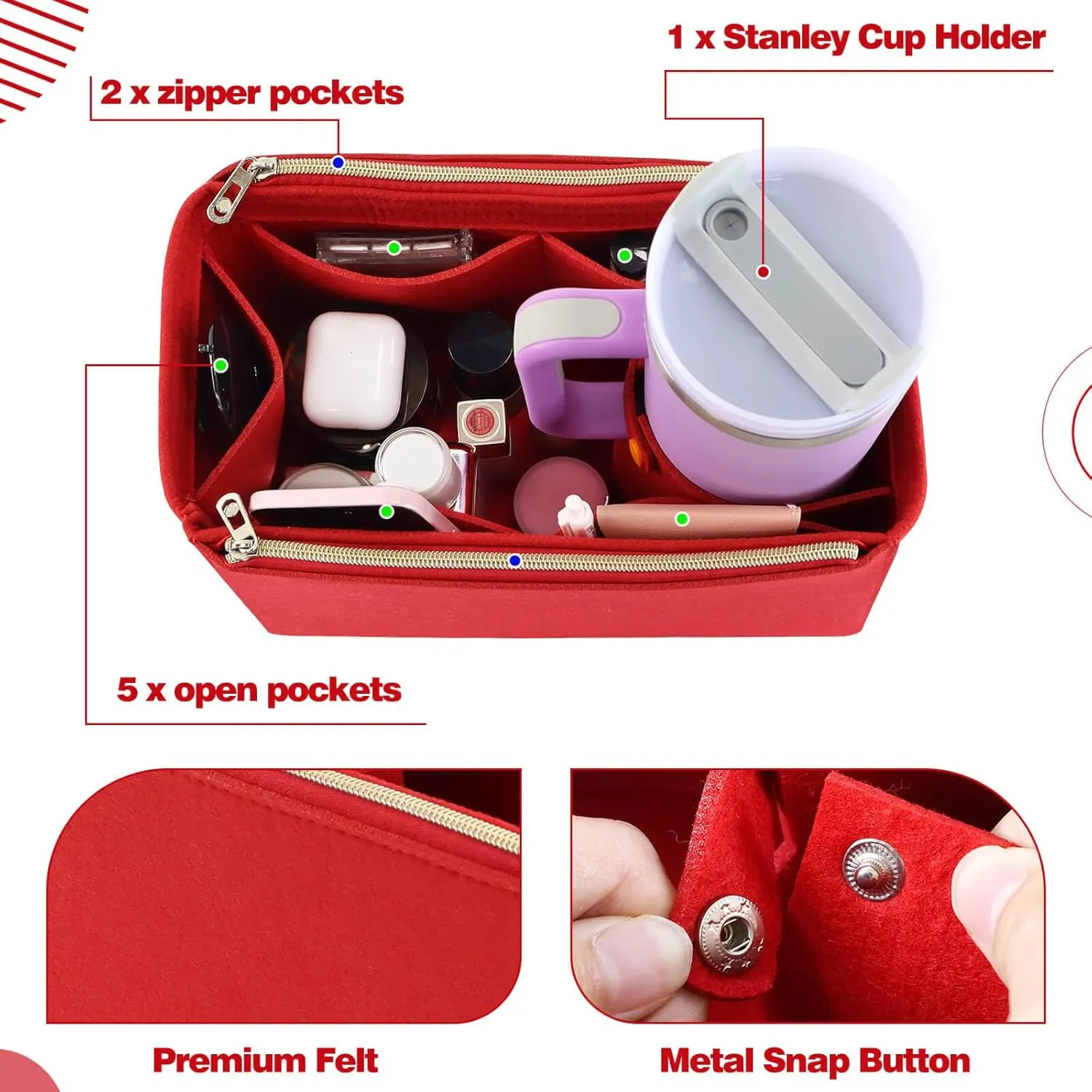 Tote Bag Purse Organizer Insert Pouches Fit for Neverful MM GM, Red Handbag Organizer with Water Bottle Holder Compatible with Stanley Cup, Purse Essentials Compartment Inserts Gifts for Women Large