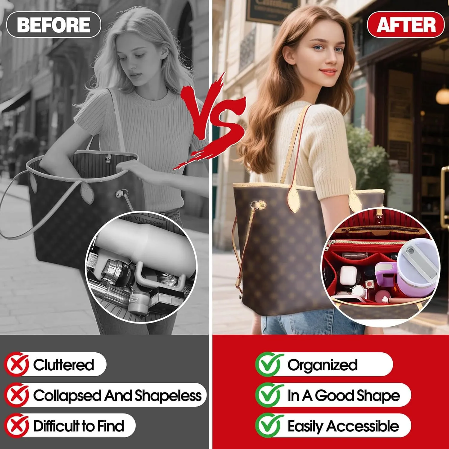 Tote Bag Purse Organizer Insert Pouches Fit for Neverful MM GM, Red Handbag Organizer with Water Bottle Holder Compatible with Stanley Cup, Purse Essentials Compartment Inserts Gifts for Women Large