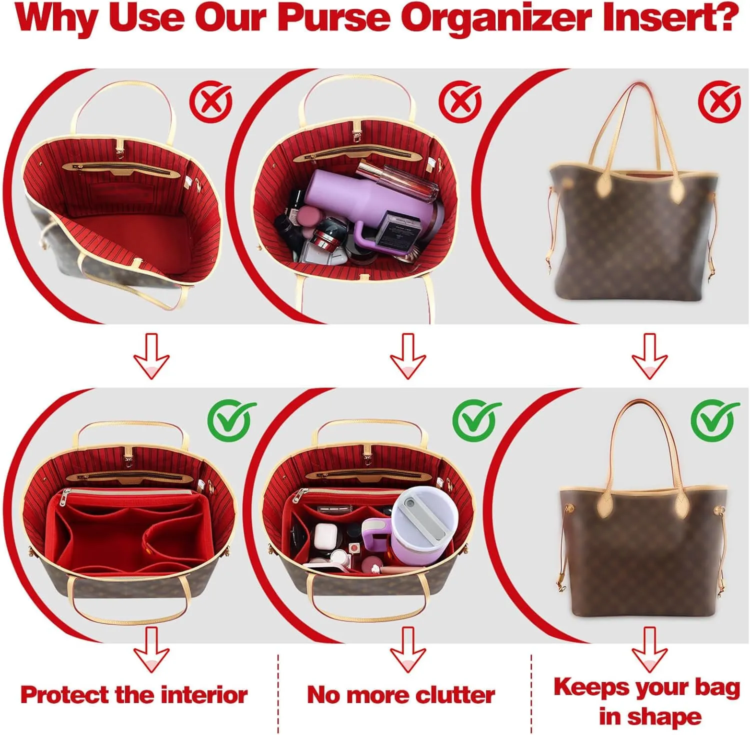 Tote Bag Purse Organizer Insert Pouches Fit for Neverful MM GM, Red Handbag Organizer with Water Bottle Holder Compatible with Stanley Cup, Purse Essentials Compartment Inserts Gifts for Women Large