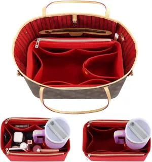 Tote Bag Purse Organizer Insert Pouches Fit for Neverful MM GM, Red Handbag Organizer with Water Bottle Holder Compatible with Stanley Cup, Purse Essentials Compartment Inserts Gifts for Women Large