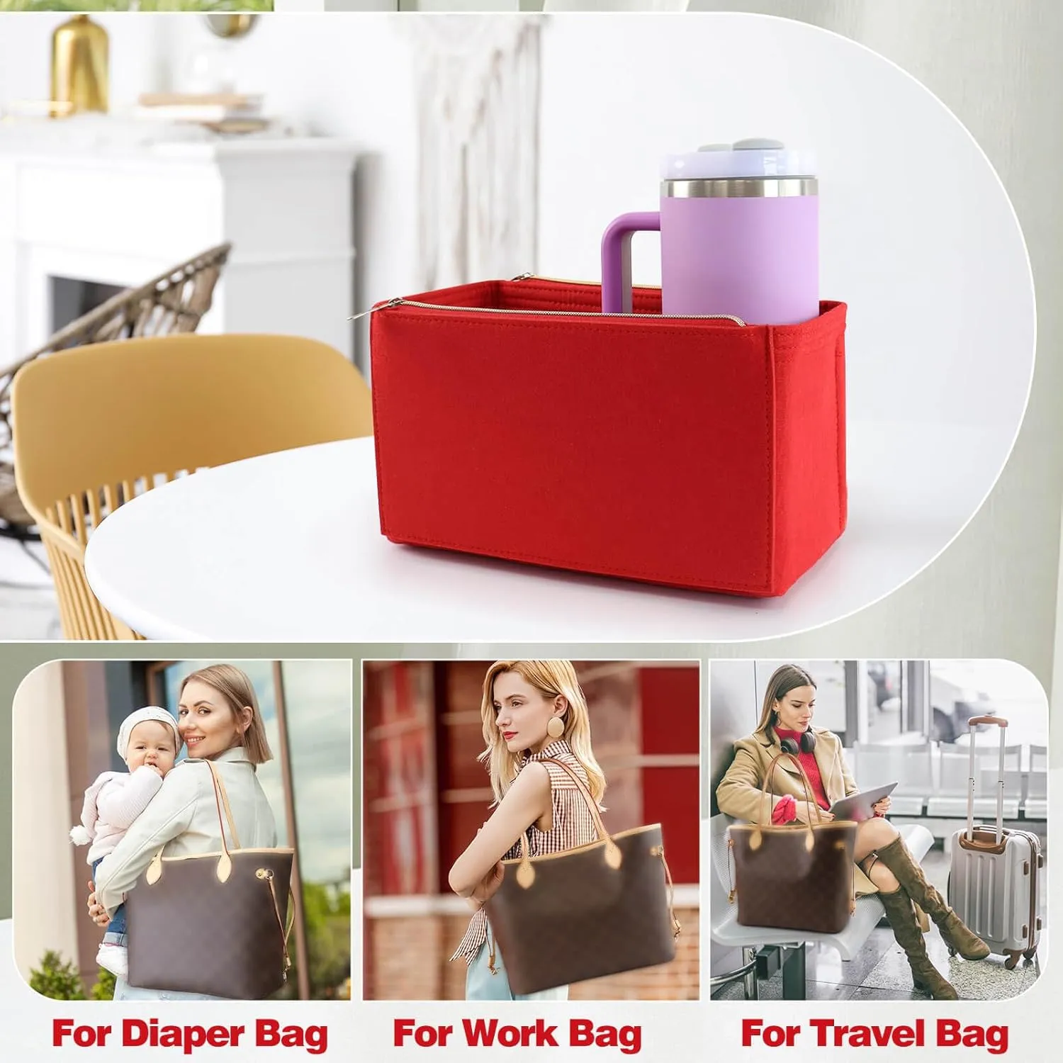 Tote Bag Purse Organizer Insert Pouches Fit for Neverful MM GM, Red Handbag Organizer with Water Bottle Holder Compatible with Stanley Cup, Purse Essentials Compartment Inserts Gifts for Women Large