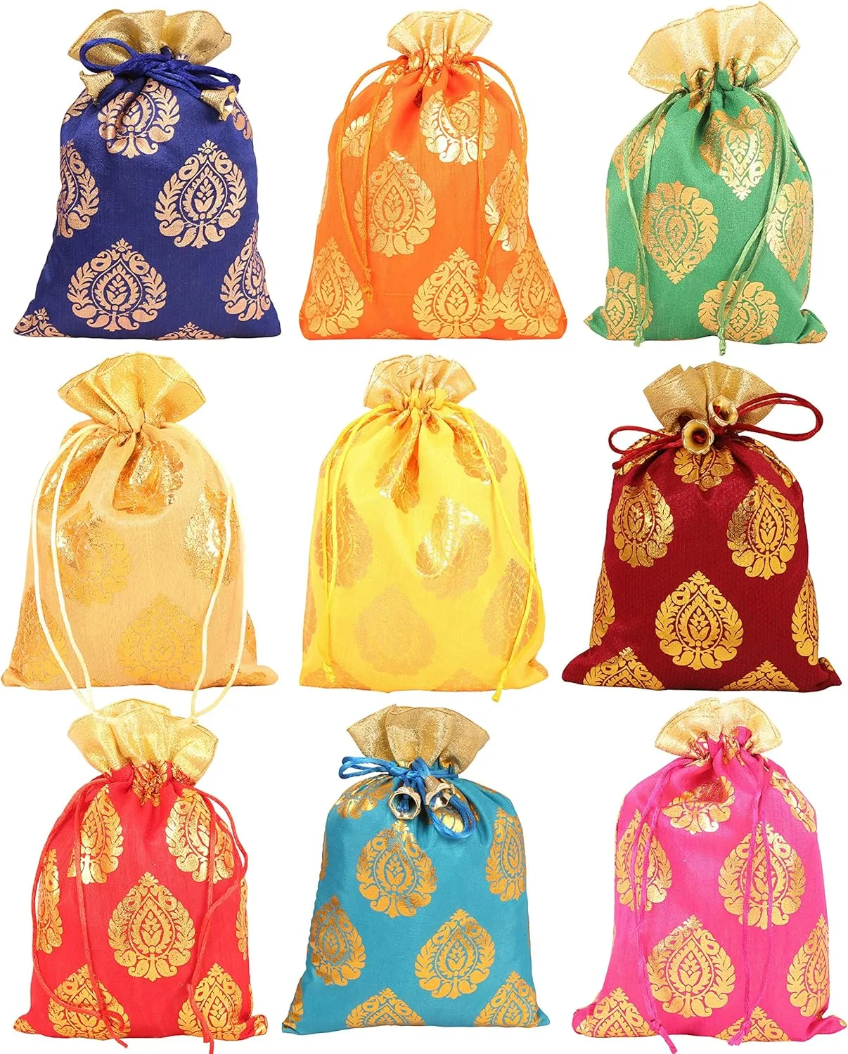 Touchstone Drawstring Bags Traditional Indian Handcrafted in Ficus Leaf Pattern Brocade fabric. Perfect for Gifts Jewelry Weddings Sweet Distribution Set of 9 Vibrant Multicolor Pouches Purses Potli