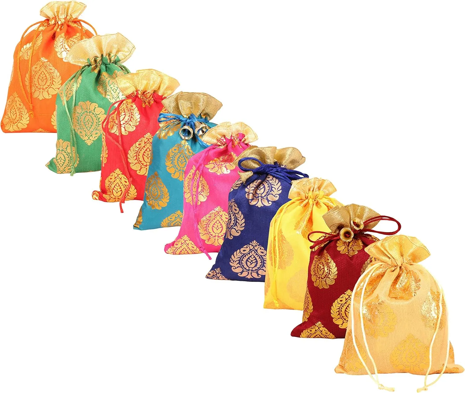 Touchstone Drawstring Bags Traditional Indian Handcrafted in Ficus Leaf Pattern Brocade fabric. Perfect for Gifts Jewelry Weddings Sweet Distribution Set of 9 Vibrant Multicolor Pouches Purses Potli