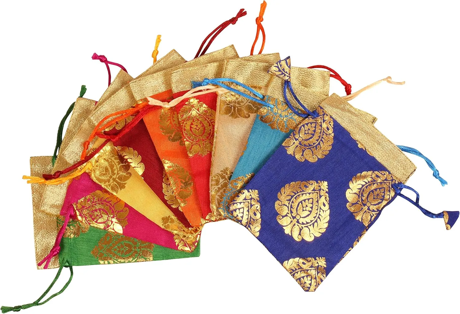 Touchstone Drawstring Bags Traditional Indian Handcrafted in Ficus Leaf Pattern Brocade fabric. Perfect for Gifts Jewelry Weddings Sweet Distribution Set of 9 Vibrant Multicolor Pouches Purses Potli