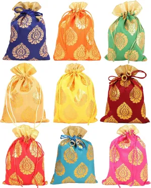 Touchstone Drawstring Bags Traditional Indian Handcrafted in Ficus Leaf Pattern Brocade fabric. Perfect for Gifts Jewelry Weddings Sweet Distribution Set of 9 Vibrant Multicolor Pouches Purses Potli