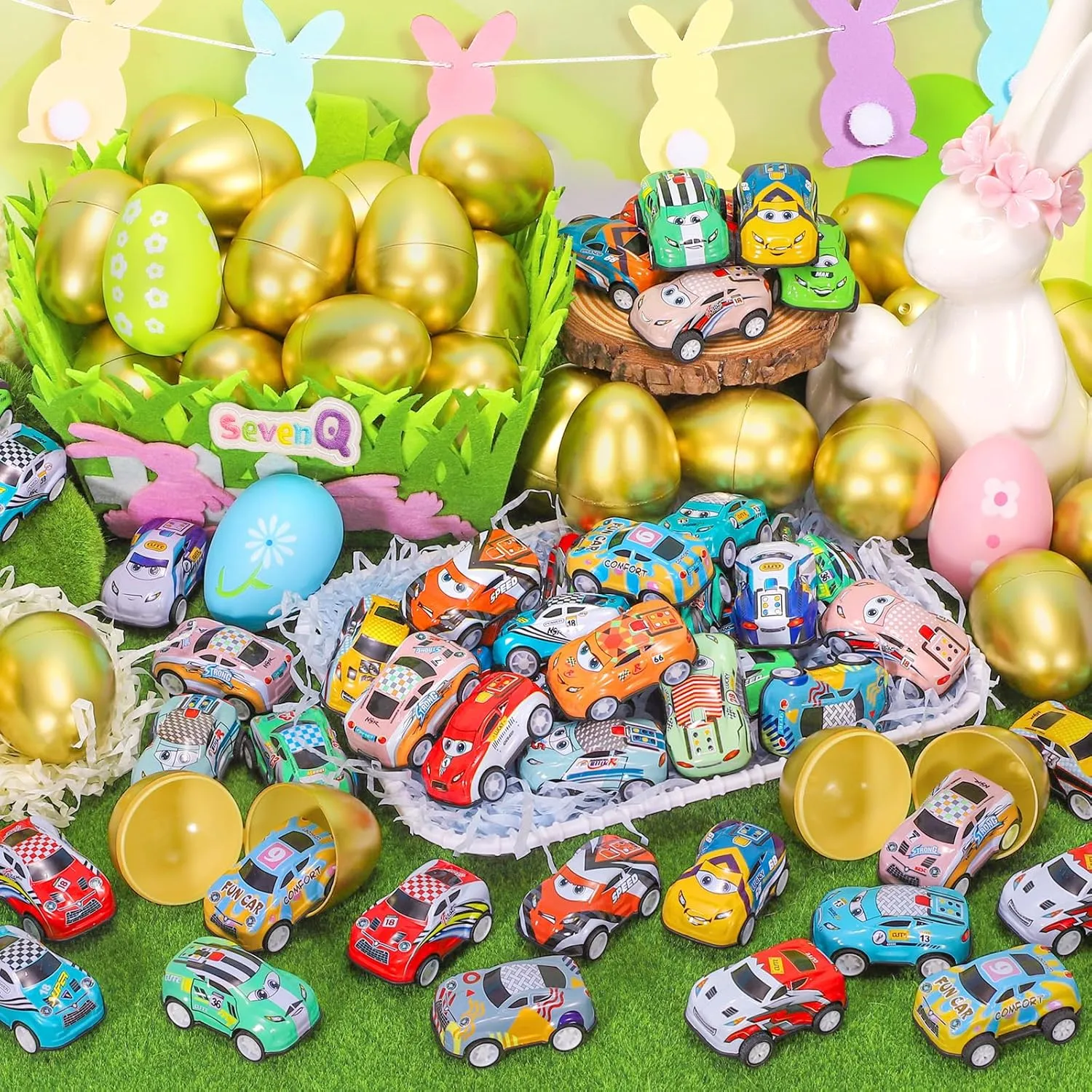Toy Cars Easter Egg Fillers 24 Pcs, Prefilled Easter Basket Stuffers Gifts for Kids Mini Race Car Party Favors Treasure Box Toys for Classroom Birthday Chest Prizes Goodie Bag Hunt Easter Games