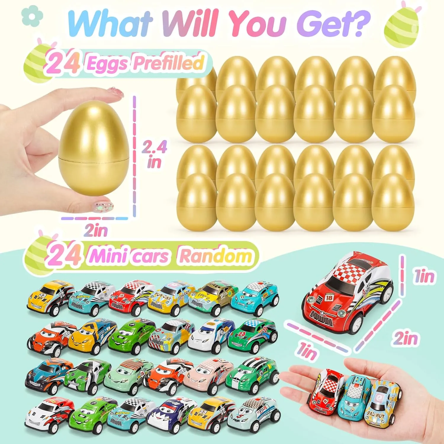 Toy Cars Easter Egg Fillers 24 Pcs, Prefilled Easter Basket Stuffers Gifts for Kids Mini Race Car Party Favors Treasure Box Toys for Classroom Birthday Chest Prizes Goodie Bag Hunt Easter Games