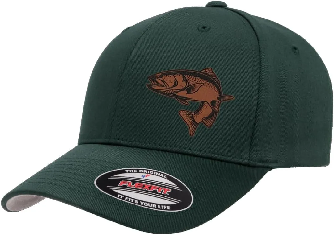 Trout Fishing Leather Laser Engraved Patch Flexfit 6277 Athletic Baseball Fitted Hat Cap