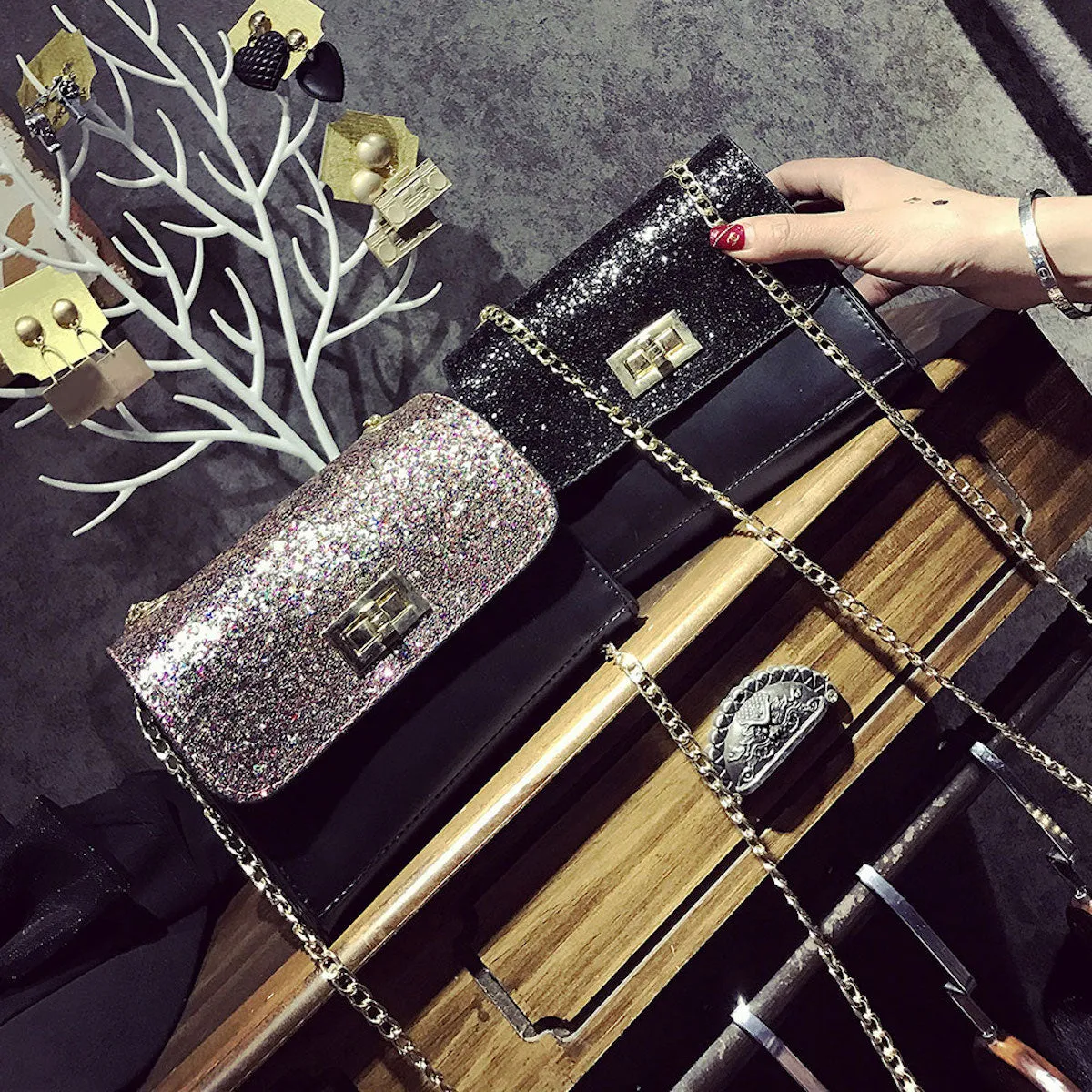 Twist Lock Sequined Glittery Party Purse