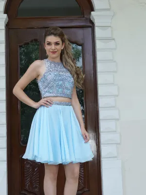 Two-Piece Embellished Dress – Beaded Crop Top & Flowy Skirt - prom dress