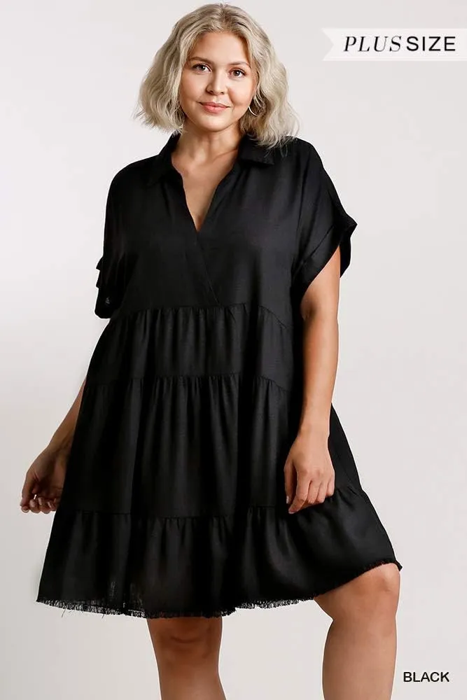 Umgee Women's Collared Ruffle Frayed Hem Tiered Mini Dress