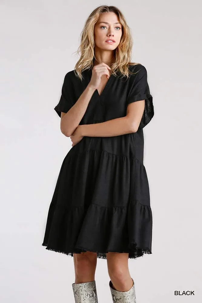 Umgee Women's Collared Ruffle Frayed Hem Tiered Mini Dress