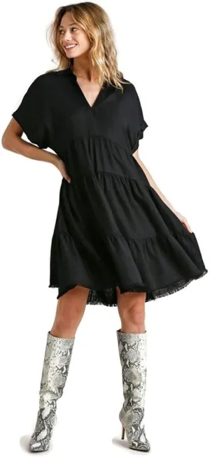 Umgee Women's Collared Ruffle Frayed Hem Tiered Mini Dress