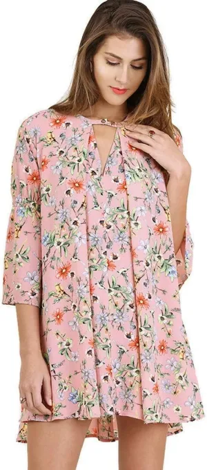 Umgee Women's Floral Keyhole Bohemian Mini Dress