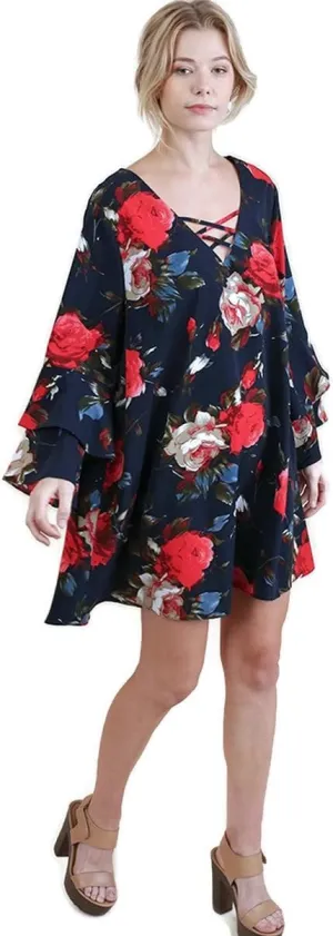 Umgee Women's Floral Layered Ruffle Sleeve Mini Dress