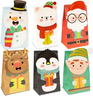 Uptotop 24 Pack 2D Christmas Treat Bags with 6 Assorted Designs, Xmas Kraft Paper Bags for Holiday Cookie Candy Party Favor Supplies Decor
