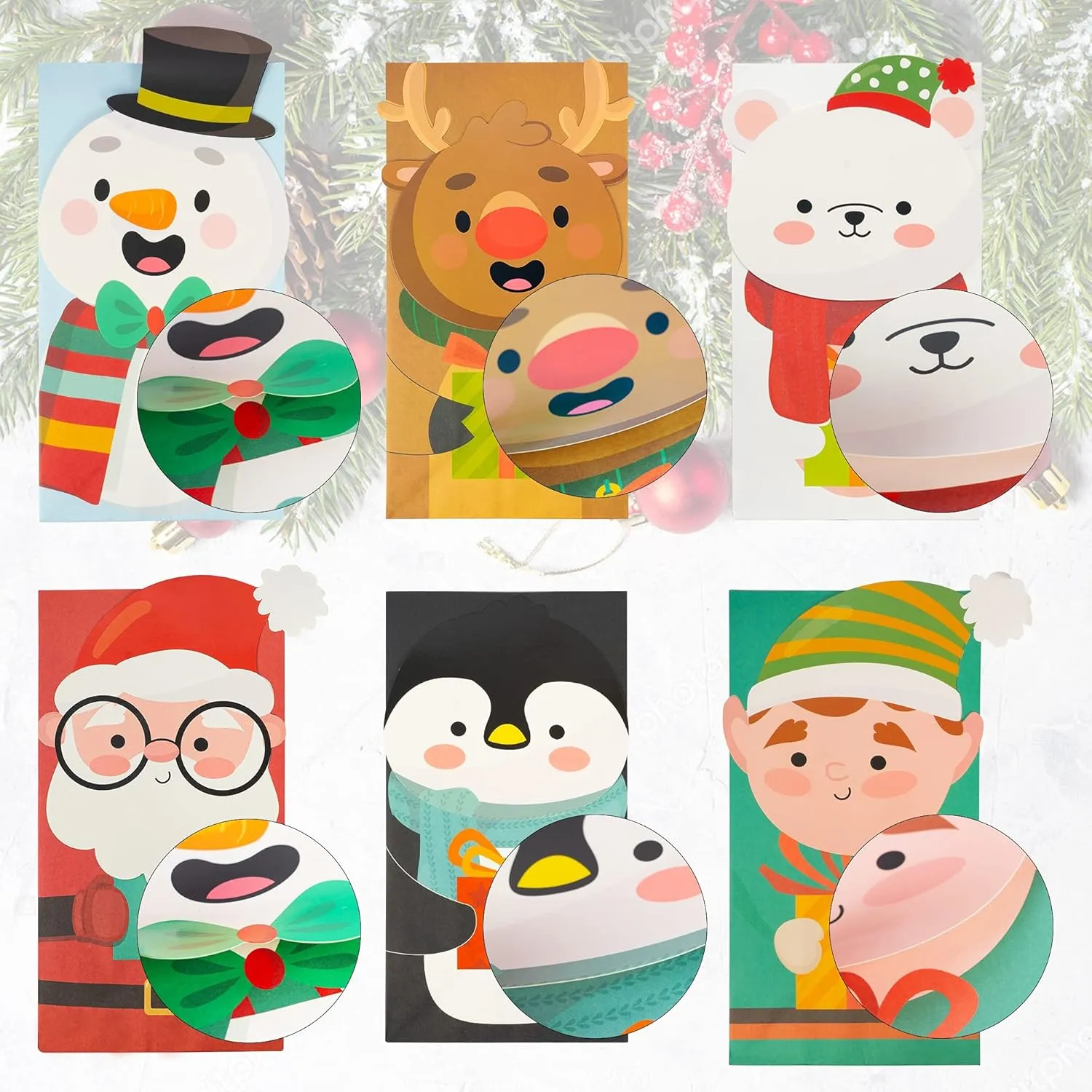 Uptotop 24 Pack 2D Christmas Treat Bags with 6 Assorted Designs, Xmas Kraft Paper Bags for Holiday Cookie Candy Party Favor Supplies Decor