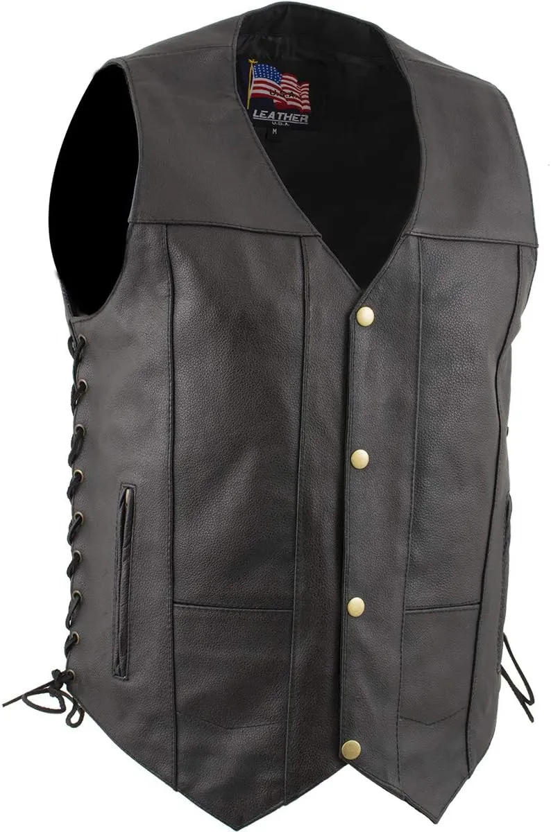 USA Leather 1204 Men's Black 'Dime' Classic Leather Ten Pocket Motorcycle Biker Vest with Side Laces - 3X-Large