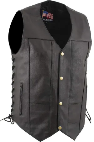 USA Leather 1204 Men's Black 'Dime' Classic Leather Ten Pocket Motorcycle Biker Vest with Side Laces - 3X-Large