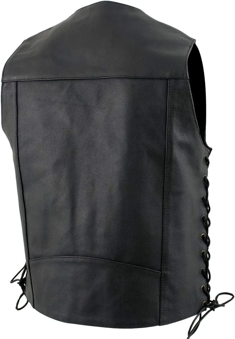 USA Leather 1204 Men's Black 'Dime' Classic Leather Ten Pocket Motorcycle Biker Vest with Side Laces - 3X-Large