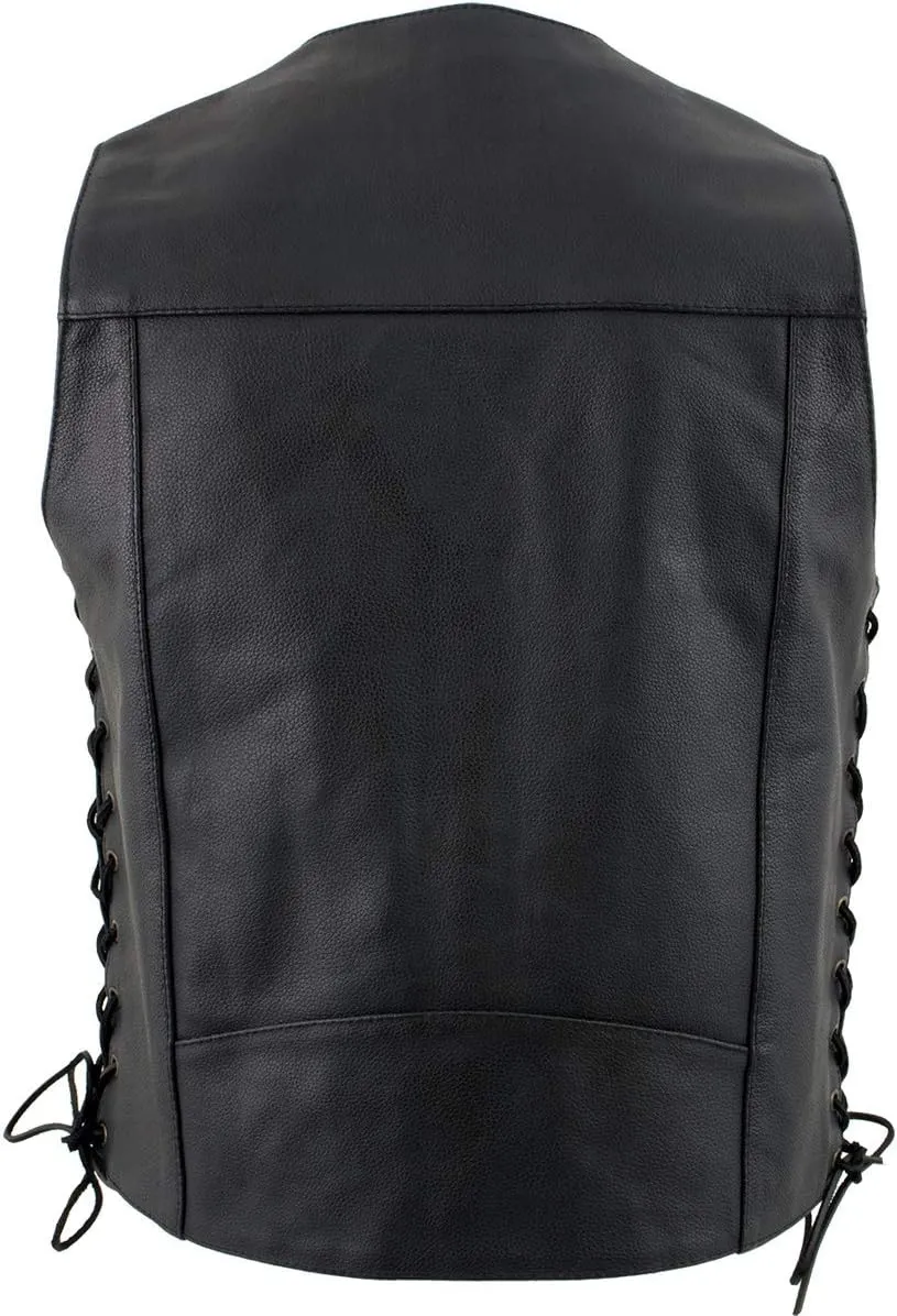 USA Leather 1204 Men's Black 'Dime' Classic Leather Ten Pocket Motorcycle Biker Vest with Side Laces - 3X-Large