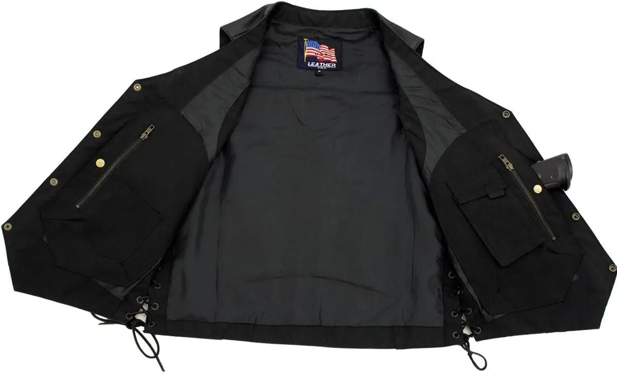 USA Leather 1204 Men's Black 'Dime' Classic Leather Ten Pocket Motorcycle Biker Vest with Side Laces - 3X-Large
