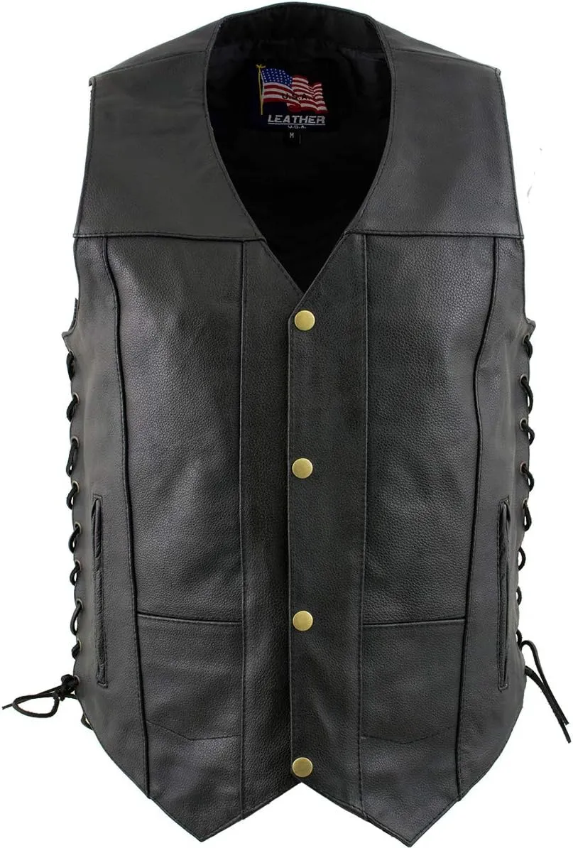 USA Leather 1204 Men's Black 'Dime' Classic Leather Ten Pocket Motorcycle Biker Vest with Side Laces - 3X-Large