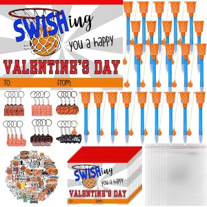 Valentine's Day Gifts 36 Set Basketball Party Favors Basketball Hoop Pens Set Basketball Keychains Stickers Basketball Card Packaging Bags Classroom Rewards Prizes Party Supplies for Kids
