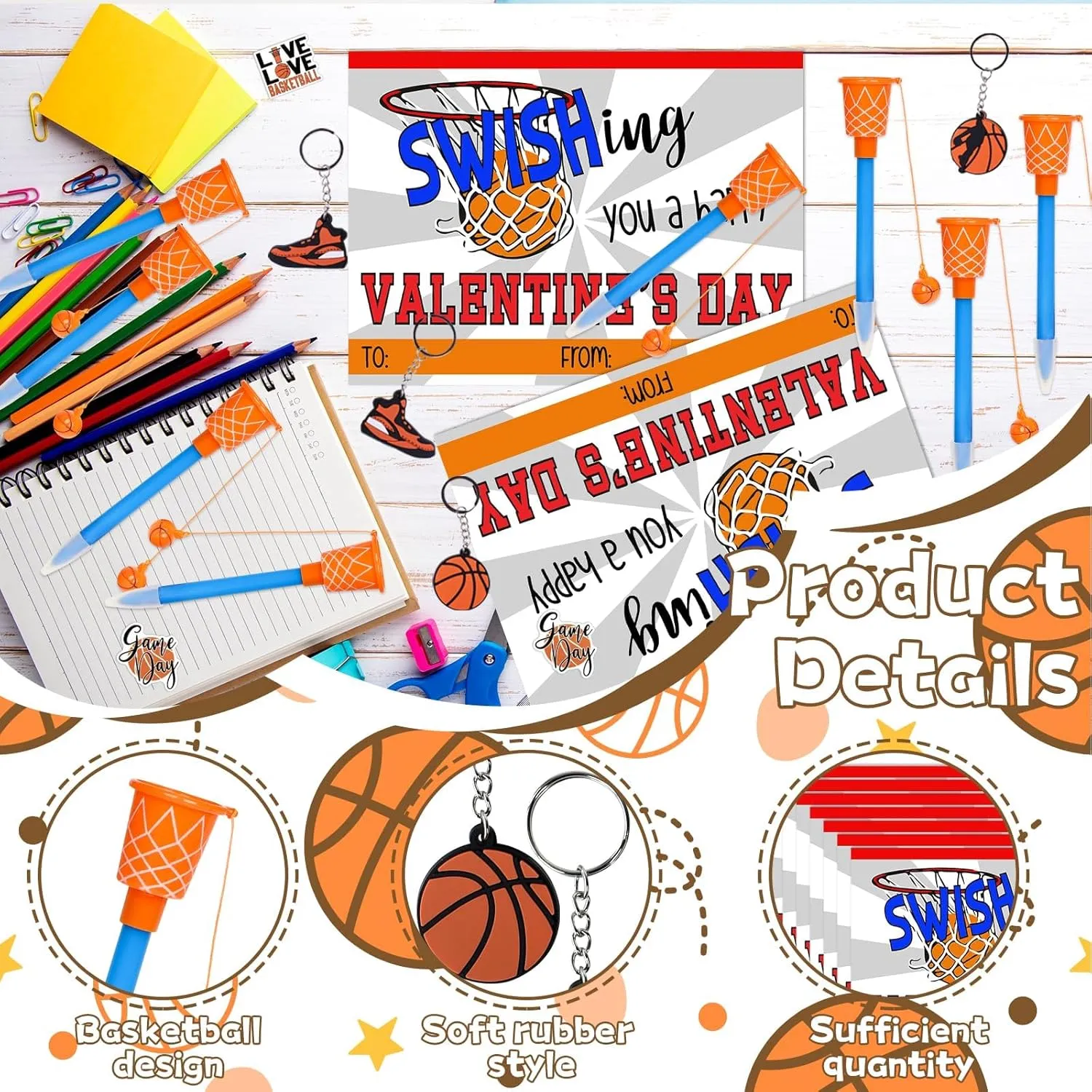 Valentine's Day Gifts 36 Set Basketball Party Favors Basketball Hoop Pens Set Basketball Keychains Stickers Basketball Card Packaging Bags Classroom Rewards Prizes Party Supplies for Kids
