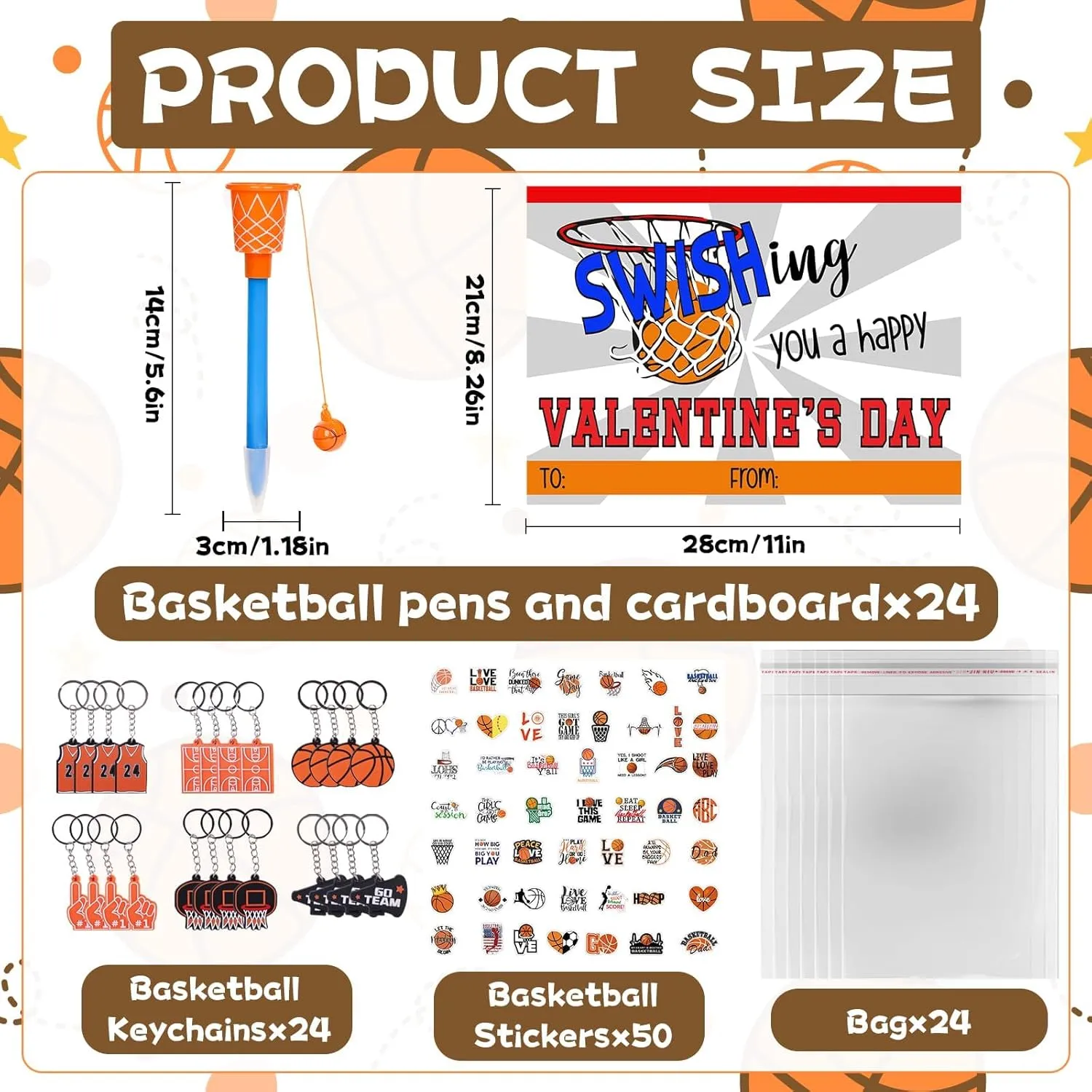 Valentine's Day Gifts 36 Set Basketball Party Favors Basketball Hoop Pens Set Basketball Keychains Stickers Basketball Card Packaging Bags Classroom Rewards Prizes Party Supplies for Kids
