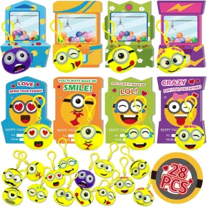 Valentines Plush Keychain - 28 PACK Expression Face Plush Keychain with Claw Machine Valentines Day Cards, Funny Valentine Exchange Cards for School Classroom, Valentines Day Gifts for Kids