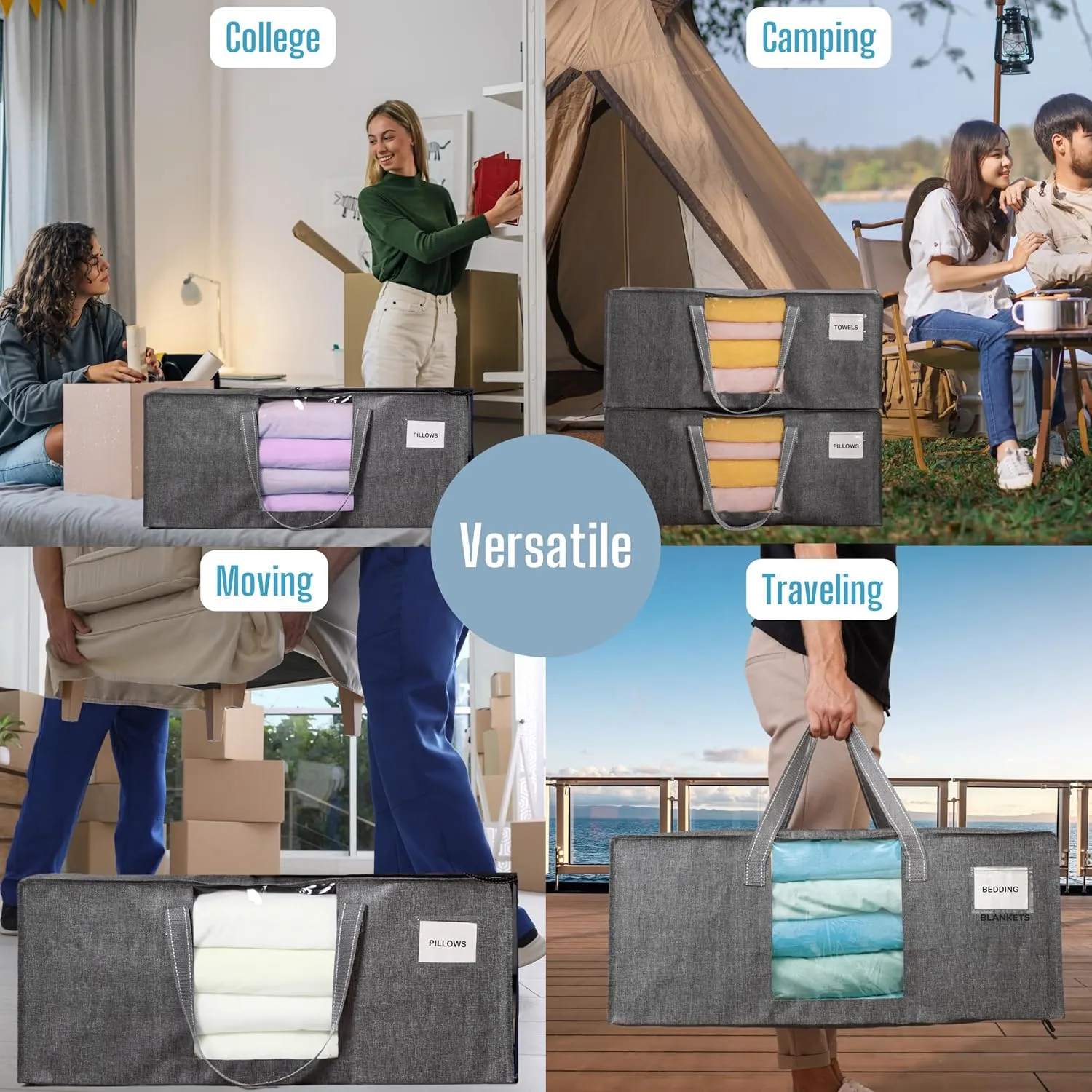 VENO 10 Pack Moving Bags Extra Large Storage Bags for College Move-In, Heavy-Duty Storage Totes, Packing Boxes, and Wardrobe Moving Supplies - Durable Laundry Bags for Clothes (Gray w/Window, 10 Pack)