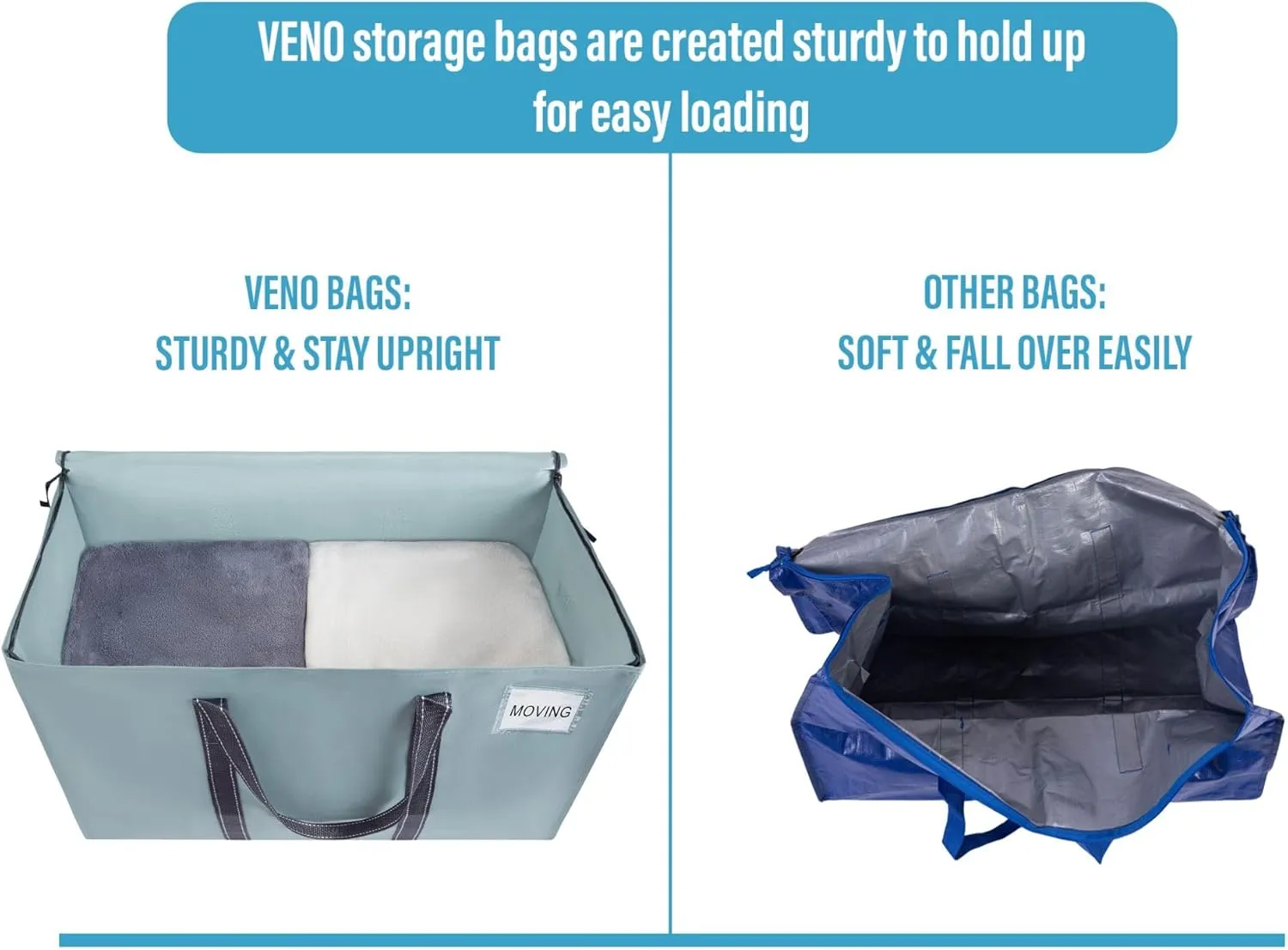 VENO 2 Pack Moving Bags, Heavy Duty, Moving Boxes Alternative, Packing Storage Supplies for Dorm Room Essentials with Zipper for Clothes, Extra Large Totes for Packaging (Light Blue Matte, 2 Pack)