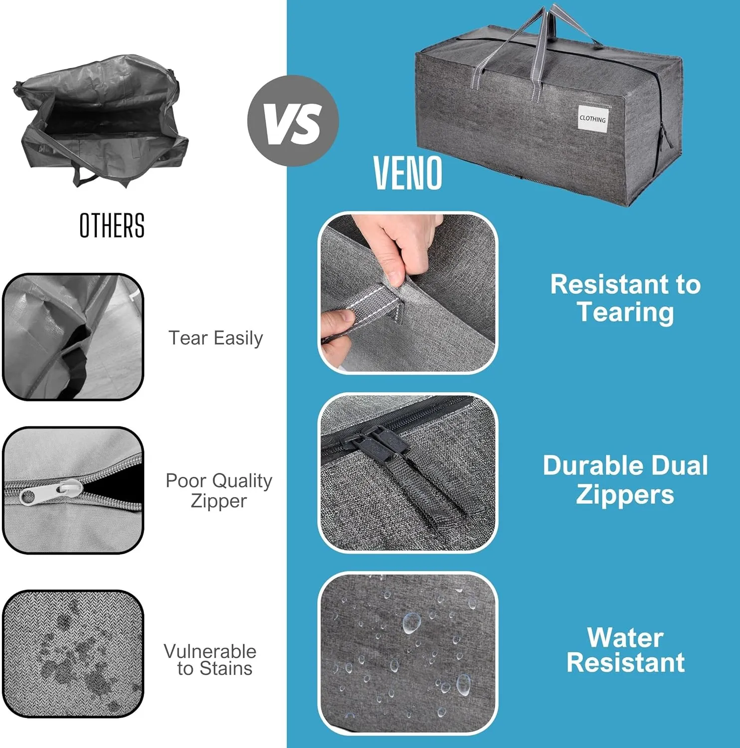 VENO 2 Pack Moving Bags w/Backpack Straps, Heavy Duty, Moving Boxes Alternative, Packing Supplies, Large Storage Totes for Dorm Room Essentials with Zipper for Clothes (Gray, 2 Pack)