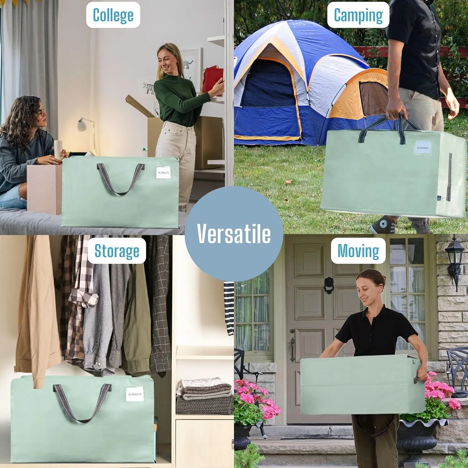 VENO 4 Pack Moving and Storage Bags, Heavy Duty, Alternative to Moving Boxes, Large Packing Totes Supplies for College Dorm Room with Zipper for Clothes, Wide Open Design (Shiny Light Green, 4 Pack)