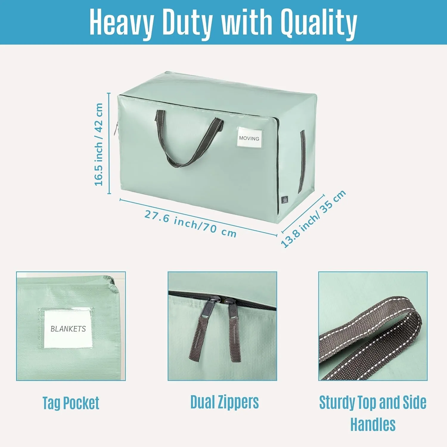 VENO 4 Pack Moving and Storage Bags, Heavy Duty, Alternative to Moving Boxes, Large Packing Totes Supplies for College Dorm Room with Zipper for Clothes, Wide Open Design (Shiny Light Green, 4 Pack)