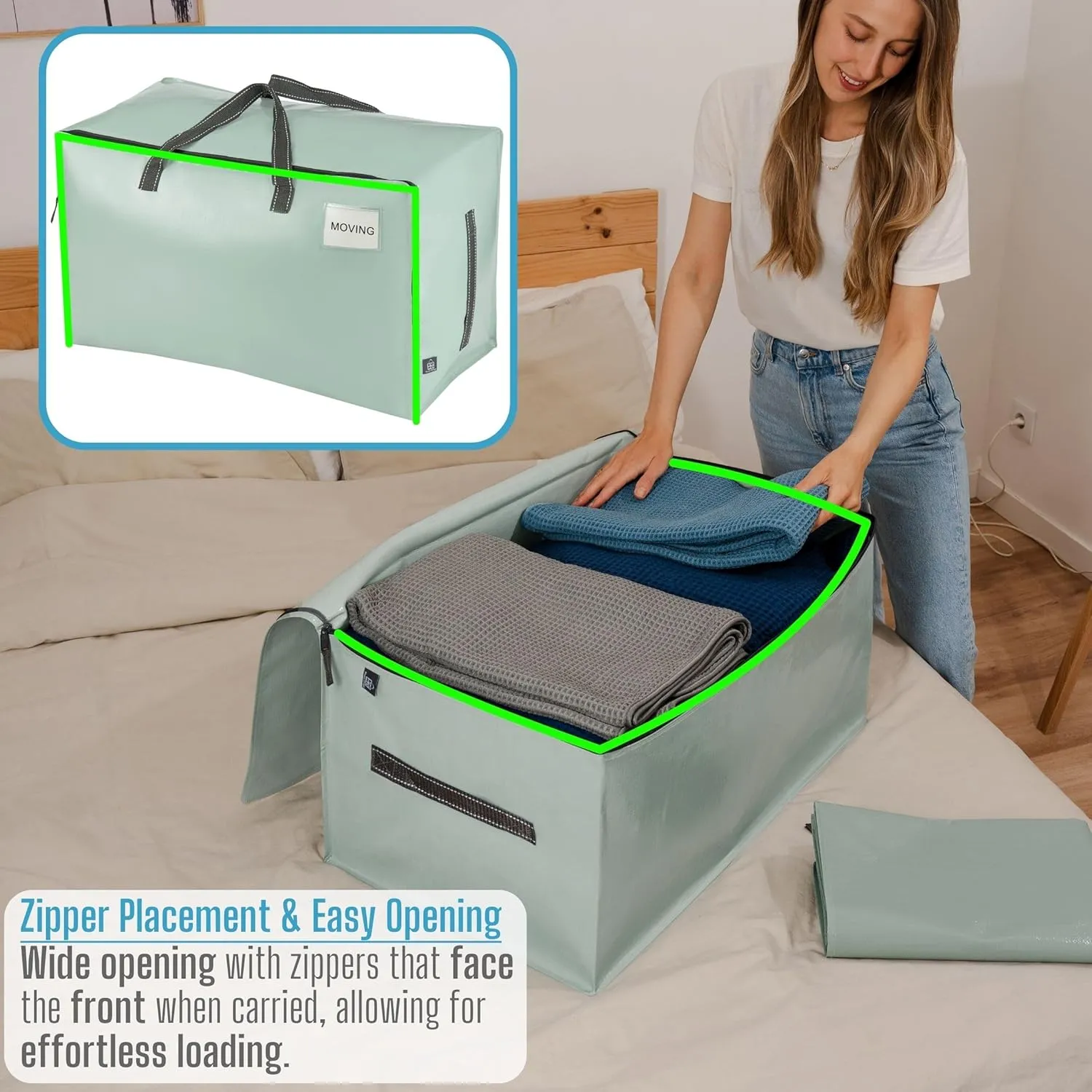 VENO 4 Pack Moving and Storage Bags, Heavy Duty, Alternative to Moving Boxes, Large Packing Totes Supplies for College Dorm Room with Zipper for Clothes, Wide Open Design (Shiny Light Green, 4 Pack)
