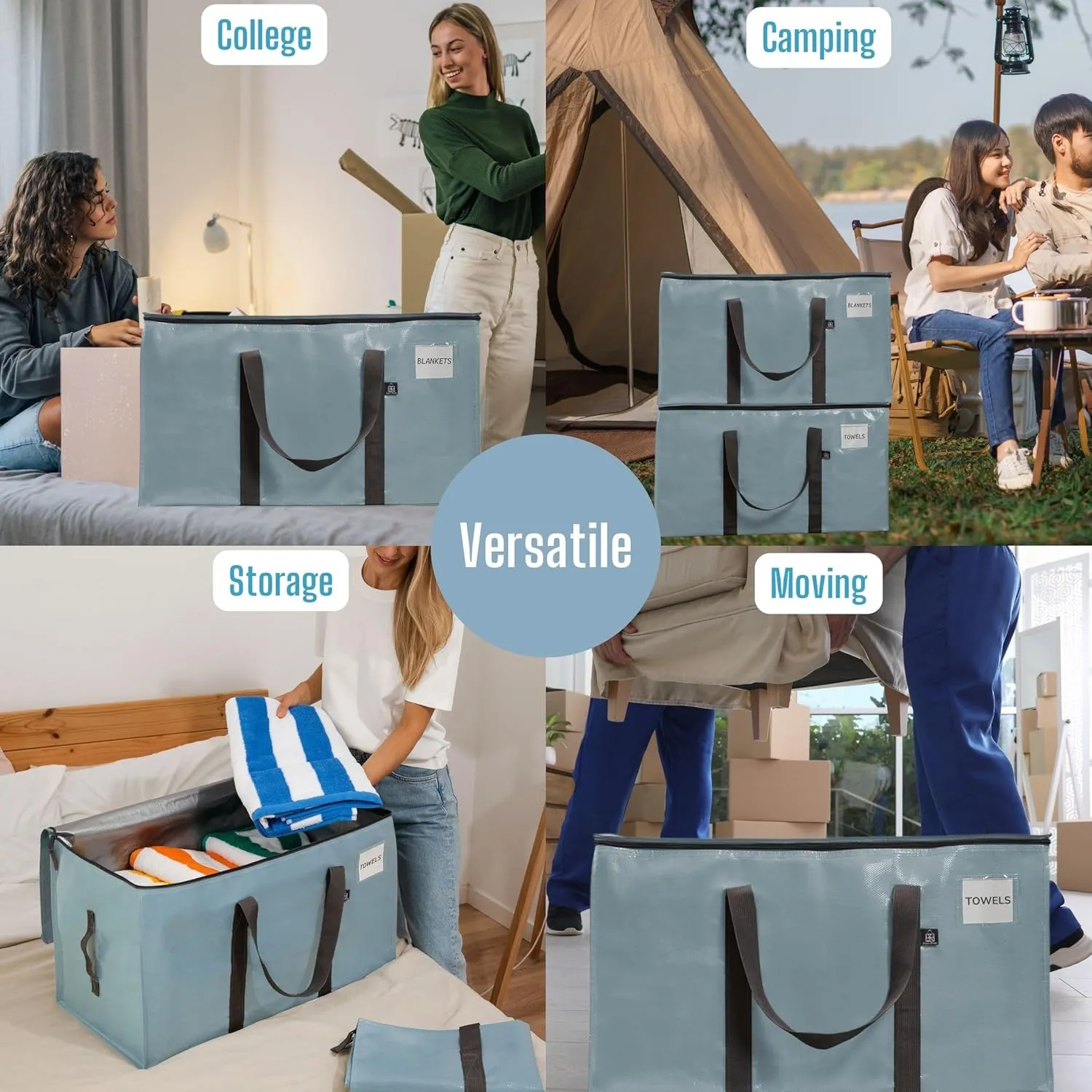 VENO 4 Pack Moving Bags, Upgraded Heavy Duty, Moving Boxes Alternative, Packing Storage Supplies for Dorm Room Essentials with Zipper for Clothes, Large Totes for Packaging (Light Blue, 4 Pack)