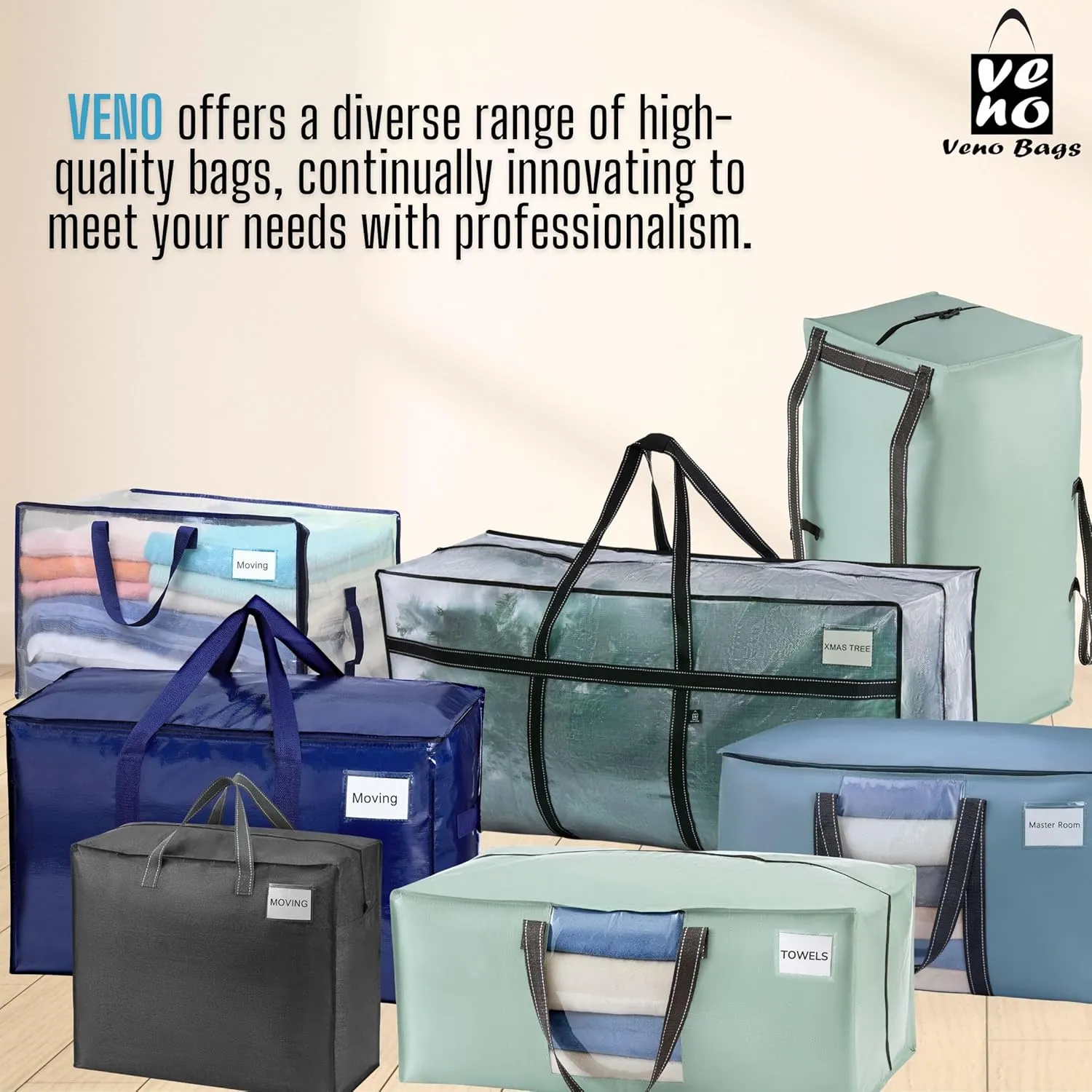 VENO 4 Pack Moving Bags, Upgraded Heavy Duty, Moving Boxes Alternative, Packing Storage Supplies for Dorm Room Essentials with Zipper for Clothes, Large Totes for Packaging (Light Blue, 4 Pack)
