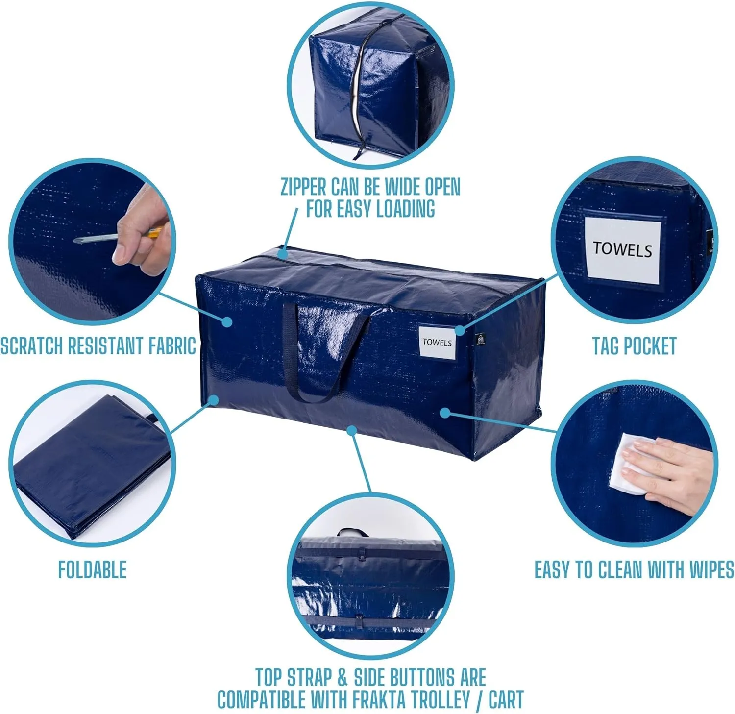 VENO 4 Pack Moving Bags w/Backpack Straps, Heavy Duty, Moving Boxes Alternative, Packing Supplies, Large Storage Totes for Dorm Room Essentials with Zipper for Clothes (Blue, 4 Pack)